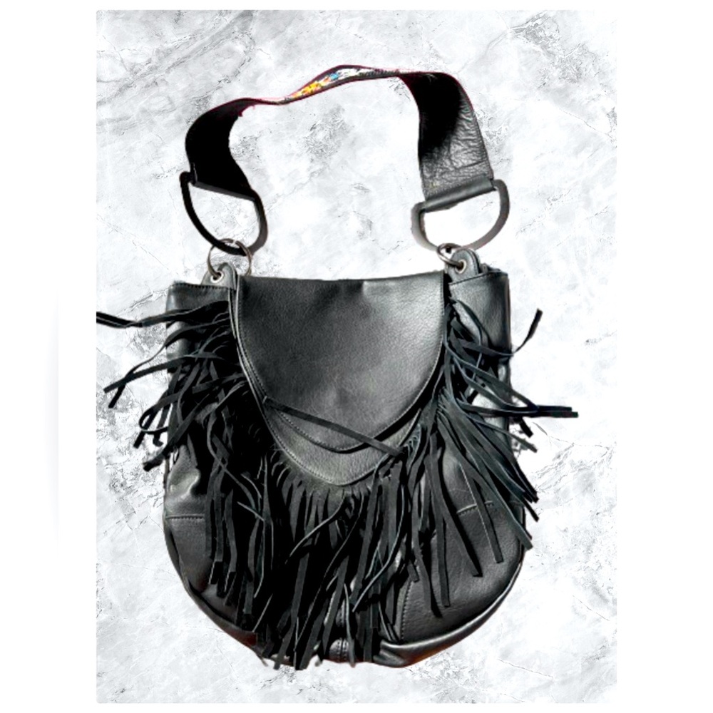 Boho fringed leather bag with beaded strap